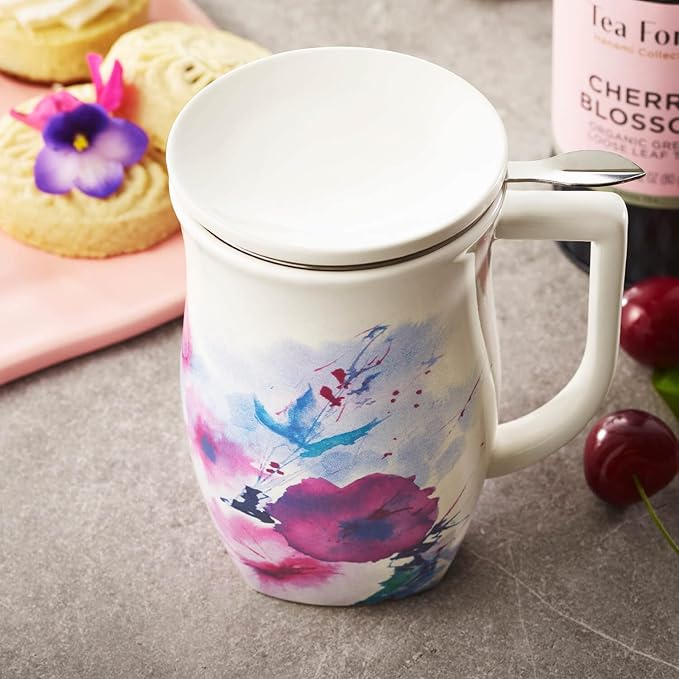 Tea Forte Ceramic Fiore Cup with Handle, Removeable Stainless Steel Infuser Basket and Lid, Steeps 14 oz Loose Leaf Tea, Dishwasher & Microwave Safe, Verbena Blossom