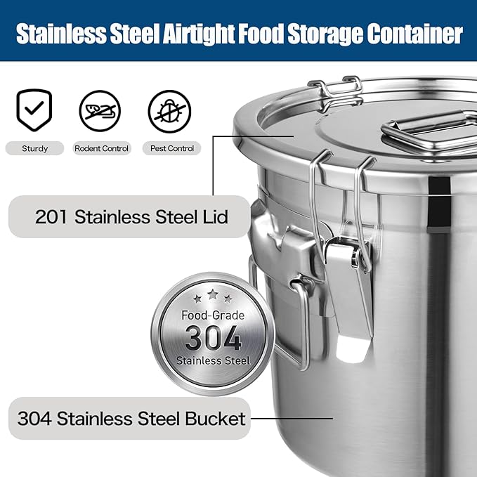 8.72Gal/33L Stainless Steel Airtight Canister, 304 Stainless Steel Airtight Food Storage Container with Lid and Lock Clips, Large Metal Storage Canister for Coffee Beans, Flour, Tea, Sugar, Cereals