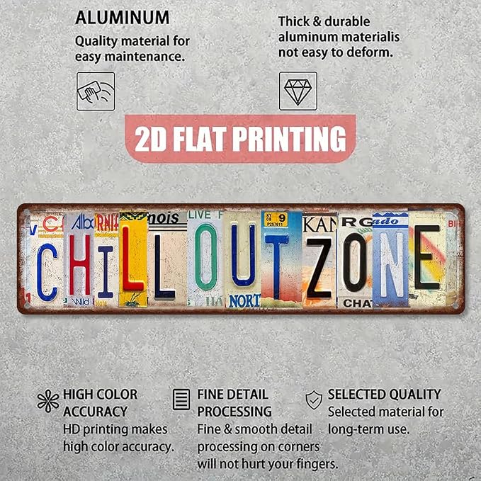 Vintage License Plate CHILL OUT ZONE Sign – 16x4 Inch Rustic Tin Wall Décor for Lounge, Patio, Dorm, Game Room, Bar or Relaxation Area - Image 3