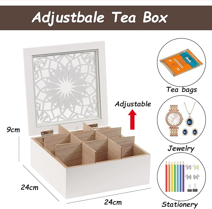 handrong Tea Box Tea Bag Organizer Wooden Tea Bag Holder Modern Tea Chest with 9 Compartments and Glass Cover for Home Tea Parties and Gift