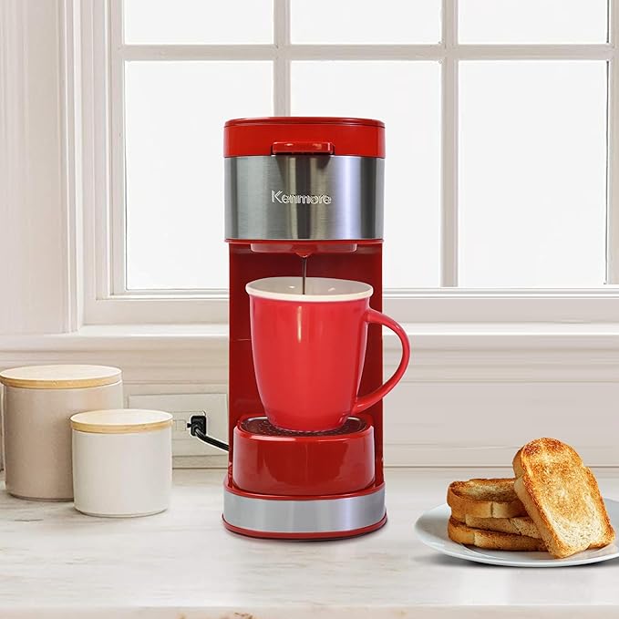 Kenmore Single Serve Coffee Maker – 6–14 Oz Brew Sizes, Compatible with Keurig K‑Cup Pods & Ground Coffee, One Cup Brewer, Travel Mug Friendly, Auto Shut‑Off, Hot & Iced maquina de cafe, Red
