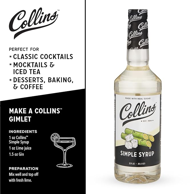 Collins Simple Syrup, Classic Simple Syrup, Real Sugar Cocktail Syrups, Soda Water Flavors, Cocktail Mixers, 32 Ounces, Set of 1 - Image 3