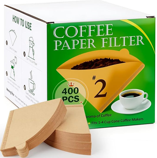 BYKITCHEN 400PCS Cone Coffee Filters 02, Disposable Natural Unbleached Pour Over Paper Coffee Filter Cone Shaped #2, Compatible with Pour Over Dripper & Drip Coffee Maker Filter Basket(1–4 Cup)