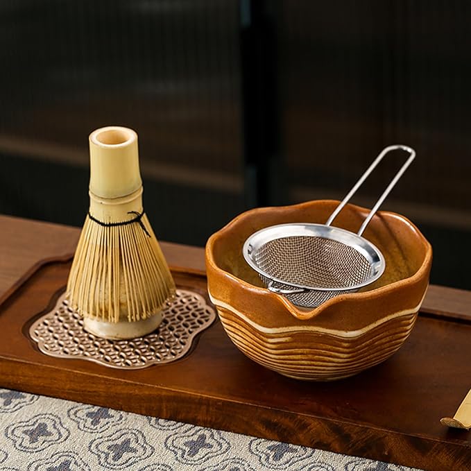 Matcha Bowl Set with Bamboo Whisk, Sifter & Scoop - Complete Ceramic Japanese Tea Ceremony Kit for Traditional Matcha Preparation (tan yellow (with a textured finish of light and dark gradients）)