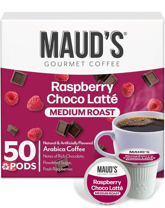 Maud's Raspberry Chocolate Flavored Coffee Pods, 50 ct, Medium Roast Flavored Coffee in Single Serve Pods – 100% Arabica Beans, Compatible with Keurig K Cups Maker by MAUDSCOFFEETEA