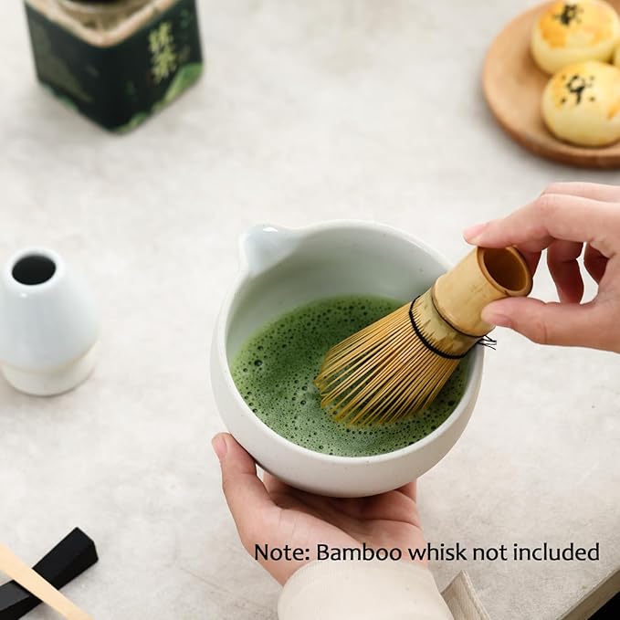 Matcha Set, Japanese Tea Set Includes Matcha Bowl with Spout, Matcha Whisk Holder (chasen), 15.2 oz Handcrafted Coarse Pottery Ceramic Matcha Kit for Matcha Lovers