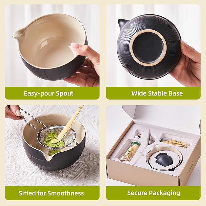 Matcha Whisk Set, Matcha Set Includes 2X Matcha Whisk, Matcha Bowl and Chasen Holder, Bamboo Scoop, Scoop Rest, Sifter - 7 Pcs Matcha Kit for Tea Ceremony, Gift for Matcha Lover (Black)