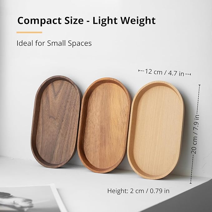 Wooden Mini Serving Tray for Parties, Tea&Coffee Table Tray, Small Oval Wood Plate for Fruit&Snacks, Decorative Tray for Jewellery Key Coin, Tray for Bathroom (Acacia Wood, 7.8”×4.66”)