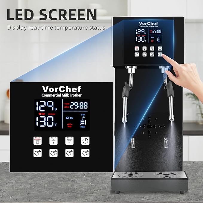 Commercial Milk Frother, 2-Wand Automatic Steam Boiling Water Machine 110V 2200W Electric Steam Milk Frothing Machine Coffee Milk Foam Machine Steamer with LED Display for Tea Coffee Shop