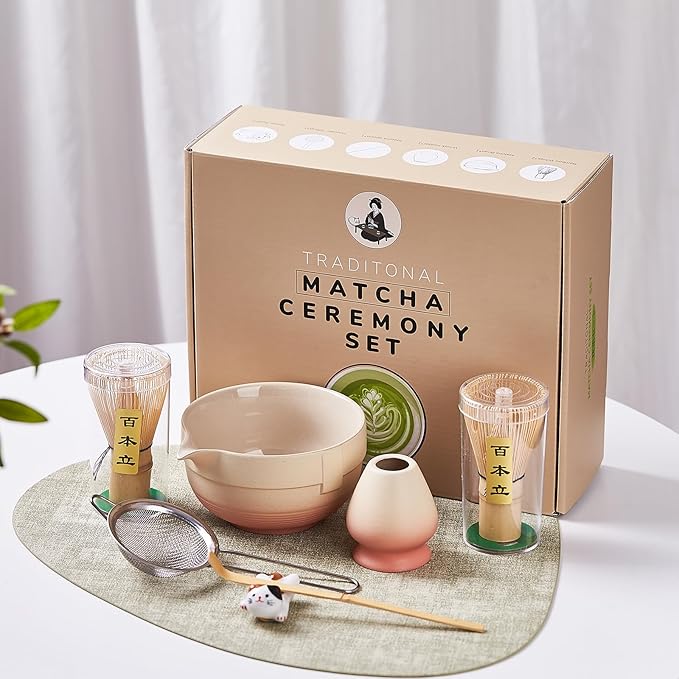 Matcha Whisk Set, Matcha Set Includes 2X Matcha Whisk, Matcha Bowl and Chasen Holder, Bamboo Scoop, Scoop Rest, Sifter - 7 Pcs Matcha Kit for Tea Ceremony, Gift for Matcha Lover (Yellow to Orange)