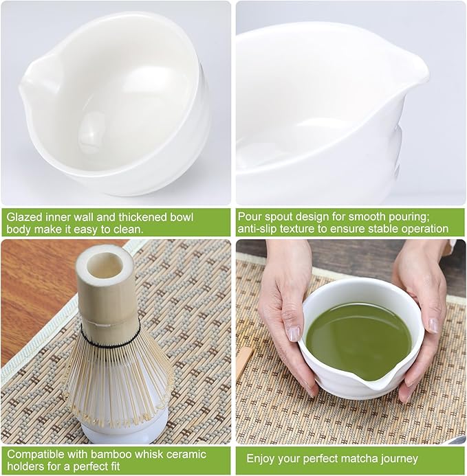 Matcha Whisk Set, 6 Pcs Matcha Set with Bamboo Matcha Scoop and Stainless Steel Sifter /Pouring Spout Ceramic Bowl/Matcha spoon/Matcha Whisk Holder, -19 oz Japanese Tea Ceremony Kit for Gifts (White)