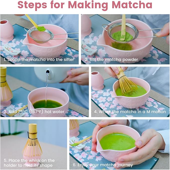 Joyscale Matcha Whisk Set, Matcha Set Whisk And Bowl, 8 Pcs Matcha Kit Set(Cherry Blossom Design), 18 OZ, Japanese Matcha Tea Set, Matcha Making Kit Gifts for Tea Lovers(Pink)