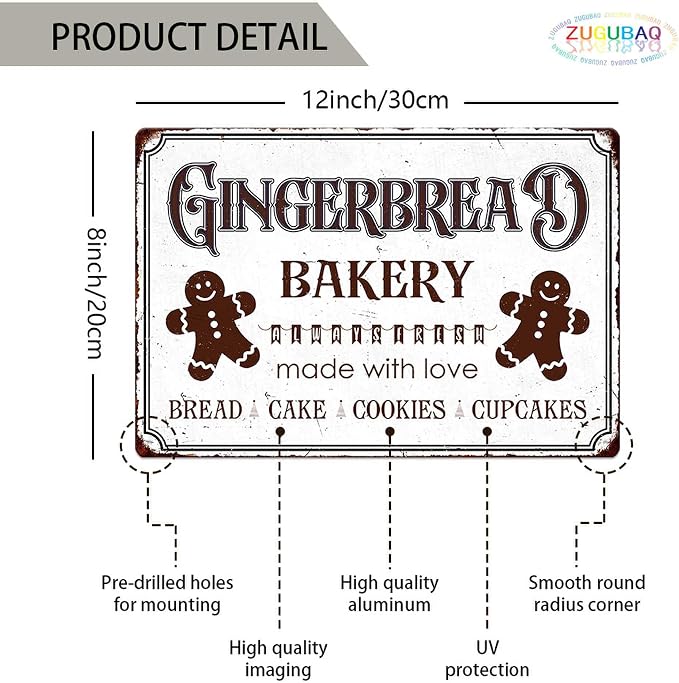 Gingerbread Bakery Made With Love Bread Cake Cookies Cupcakes Vintage Metal Tin Sign Home Wall Decor For Kitchen Bakery Coffee Bar Farmhouse Restaurants Cafe 8X12 Inch Christmas Decorations - Image 2