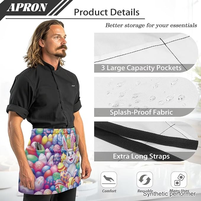 Waist Apron with 3 Pockets Waterproof 13 Inch Short Half Waist Aprons Women Men Server Aprons Waitress Waiter Apron - Image 6