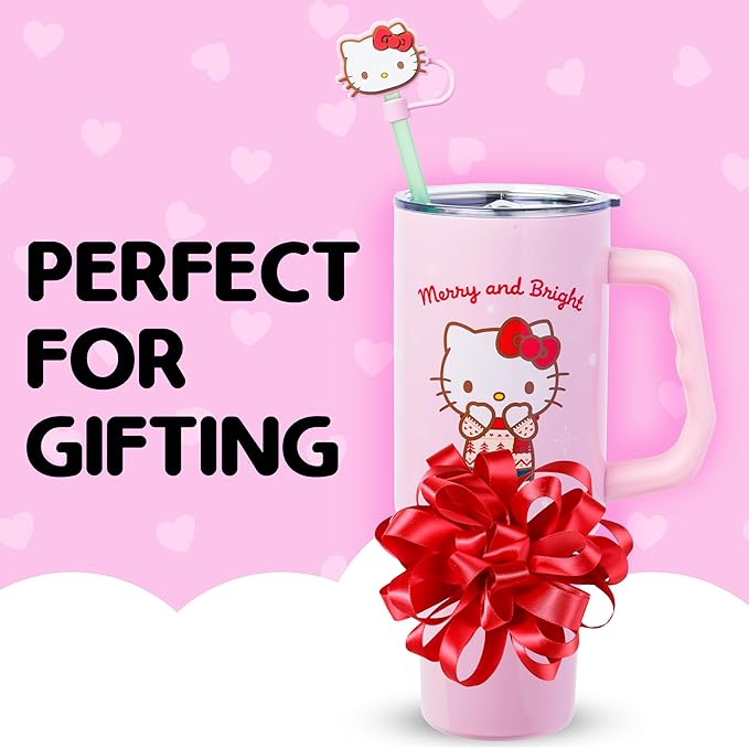 Silver Buffalo Sanrio Hello Kitty Christmas Holiday Sweater Merry and Bright Double Walled Stainless Steel Tumbler with Handle, Straw, and Straw Cap, Fits in Standard Cup Holder, 40 Ounces