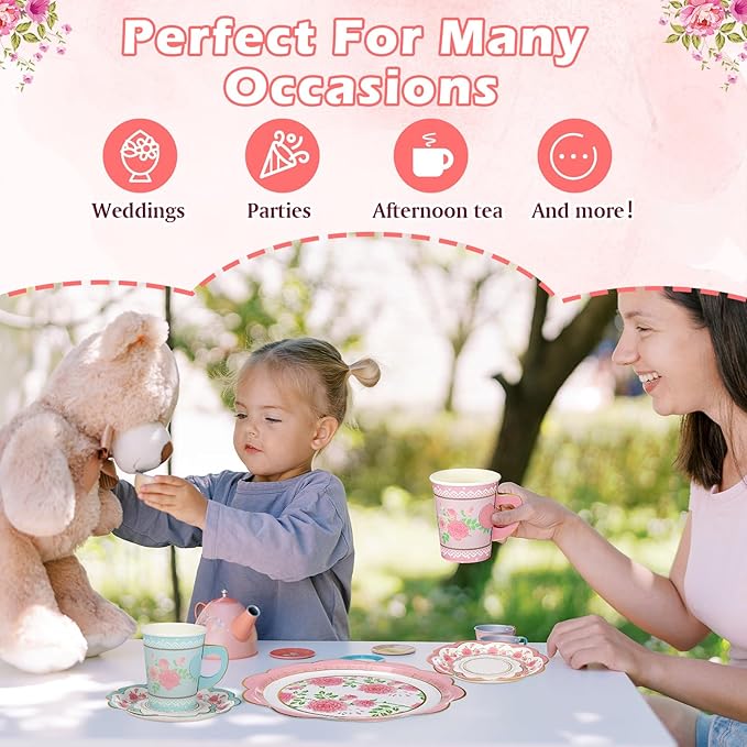 24 Sets Floral Paper Tea Cups and Saucers Disposable Tea Party Decorations 9 Inch Paper Plate, Saucer, Napkin, 9 oz Cups with Handle for Party Supplies (Floral)