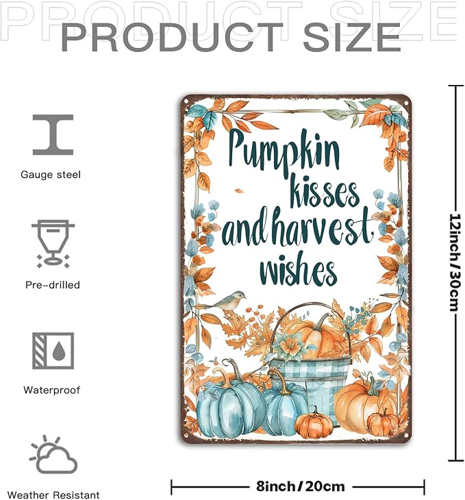 KanaAt Pumpkin Kisses and Harvest Wishes Metal Tin Sign Fall Decorations for Home Kitchen Farmhouse Porch Thanksgiving Party Wall Decor 8x12 inch, diany-m92 - Image 2
