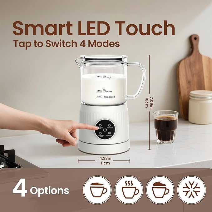 4-in-1 Milk Frother, Electric Milk Frother and Steamer with LED Touch Screen, Ceramic Lining Bottom, Milk Warmer 13.52oz for Lattes, Cappuccinos, and Macchiatos at Home, White