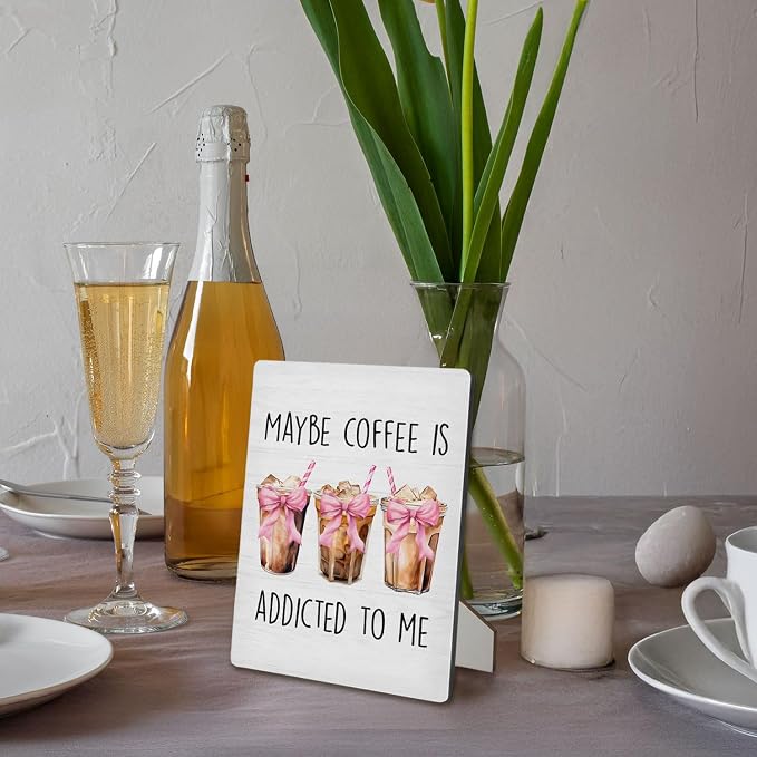 Coffee Bar Sign, Coquette Pink Bow Coffee Wooden Stand Sign 5"X7", Ice Espresso Signs Decorations for Cafe Coffees Station Shop Home Kitchen Table Desk Decor(5x7 Inch) - Image 6