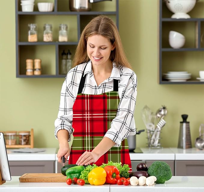 Christmas Green Red Plaid Checkered Lattice Chefs Apron, Cooking and Baking Apron for Men and Women, Kitchen Apron, Butchers Apron, BBQ & Catering Bibs - Image 5