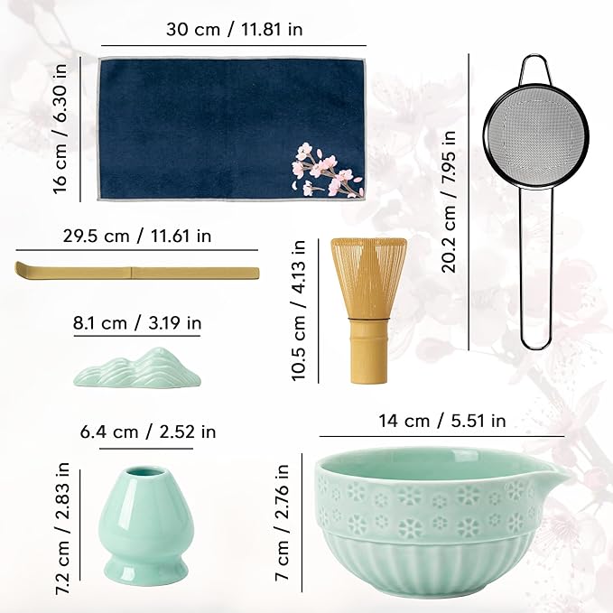 Matcha Whisk Set, Ceramic Matcha Set with Bowl, Bamboo Whisk, Scoop, Strainer, Scoop Rest, Holder, Cloth + Instruction Handbook – Traditional Japanese Tea Ceremony Kit