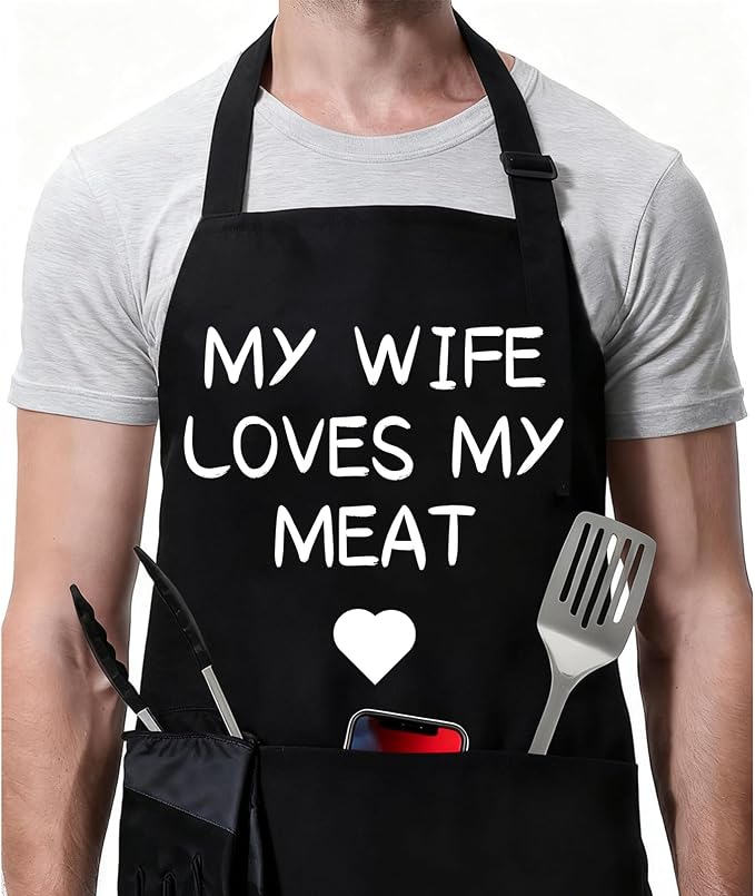 Rosoz Funny BBQ Black Chef Aprons for Men, Adjustable Kitchen Cooking Aprons for Men, Dad, Husband - Birthday, Father's Day by Rosoz