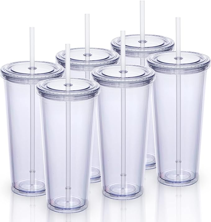 24oz Double Wall Plastic Tumblers with Lids and Straws | Large Classic Travel Tumbler | 6 Pack Set of 6 | Clear Reusable Cups with Straws | BPA Free