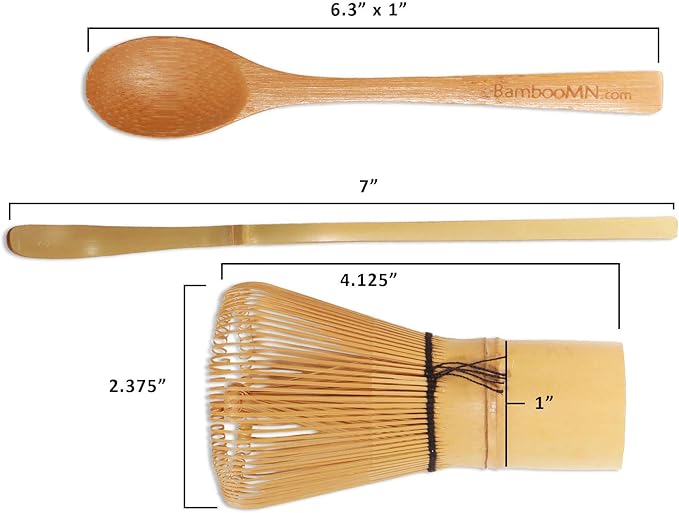 BambooMN Matcha Whisk Set - Golden Chasen (Tea Whisk), Chashaku (Hooked Bamboo Scoop), Tea Spoon - 10 Sets