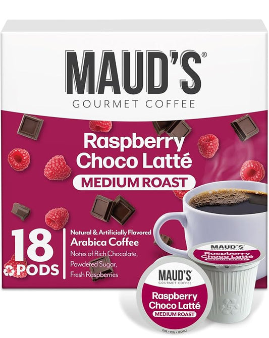 Maud's Raspberry Chocolate Flavored Coffee Pods, 18 ct, Medium Roast Flavored Coffee in Single Serve Pods – 100% Arabica Beans, Compatible with Keurig K Cups Maker by MAUDSCOFFEETEA