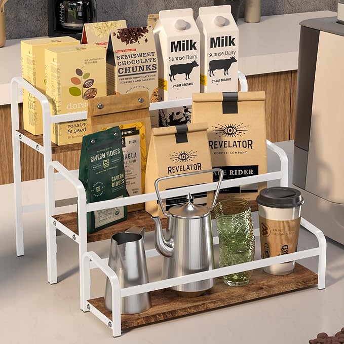 Coffee Syrup Rack,12 Bottle Capacity,3 Tier Coffee Bar Organizer,Kitchen Wine Rack,Coffee Station for Syrup, Wine Stand Shelf,Coffee Bar Accessories (Dark Brown Wood, White)
