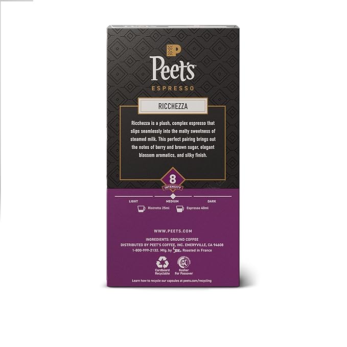 Peet's Coffee, Medium Roast Espresso Capsules, Compatible with Nespresso Original Machine, 100% Arabica Coffee - Ricchezza Intensity 8, 100 Count (10 Boxes of 10 Espresso Capsules)