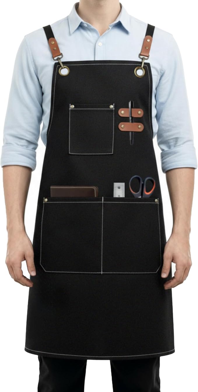 Aprons for Men Women with 3 Pockets, 16oz Cotton Canvas Chef Apron | Crossback Heavy Duty Kitchen Apron for Cooking, Durable Work Apron for Grilling, Baking, Hairstylist, Bartender, Barista, Art by Unknown