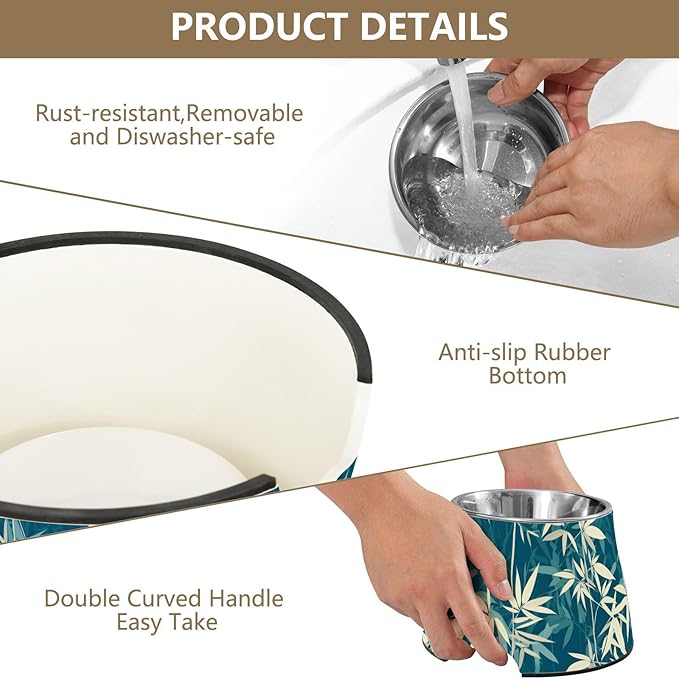 Teal bamboos White Dogs Feeding Bowls Non Skid Stainless Steel Raised Cat Bowls for Slow Feed Dogs Whisker Relief