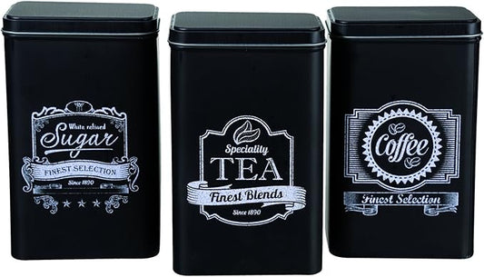 Out of the Blue Set Of 3 Black Rectangular Tin Finest Selection Coffee Tea Sugar, Alloy, 9x11x19 cm
