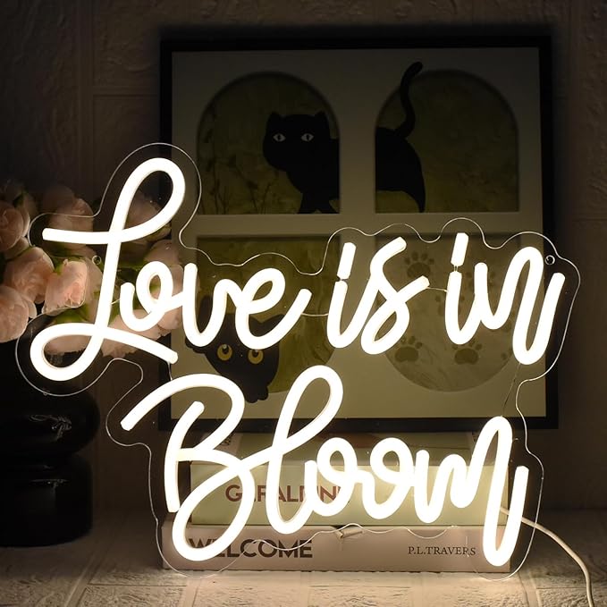 Love Is In Bloom Neon Sign Warm White Led Neon Signs for Wall Decor Dimmable Led Lights Signs Wedding Neon Light Sign for Engagement Birthday Valentines Decorations Gift