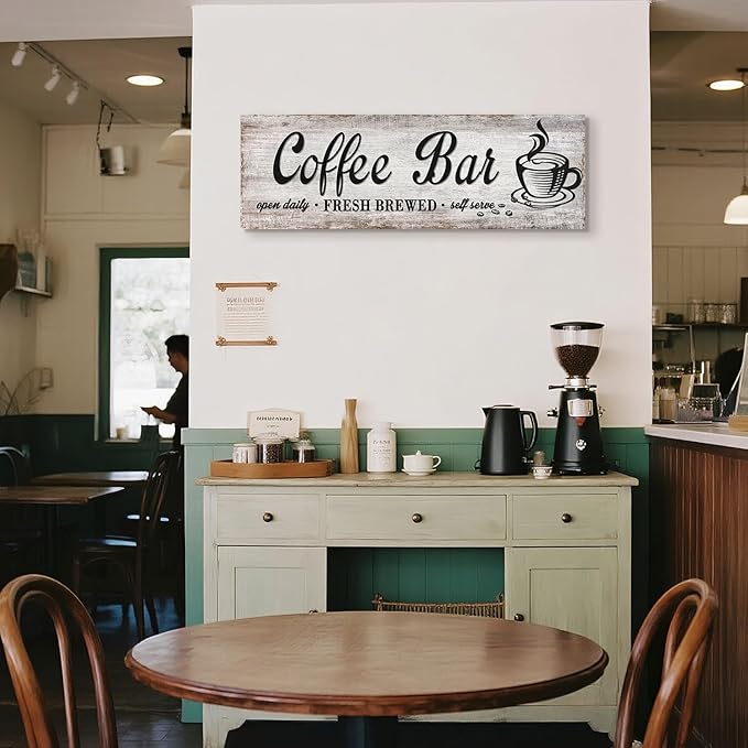 Rustic Wood Grain Coffee Station Decor - Retro Coffee Bar Signs for Kitchen - Self Serve Fresh Brewed Open Daily, Large