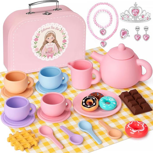 Silicone Tea Set for Toddlers, Tea Party Set for Little Girls, Kids Pretend Role Play Kitchen Toys, Toddler Girl Birthday Gifts Age 2-5 Year Old