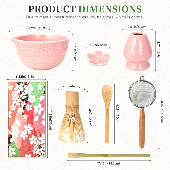 Matcha Whisk Set, Japanese Tea Ceremony Utensils (8 PCS) with Matcha Bowl with Spout (19 oz), Bamboo Whisk, Scoop, Holder, Sifter, Tea Towel – Authentic Matcha Set & Gift Box (Pink)