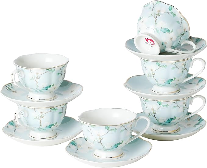 Porcelain Tea Cup and Saucer Set of 6 (12-Piece) – Ceramic 6oz Embossed Floral Cups with Gold Trim, Elegant Set for Afternoon Tea & Gifting