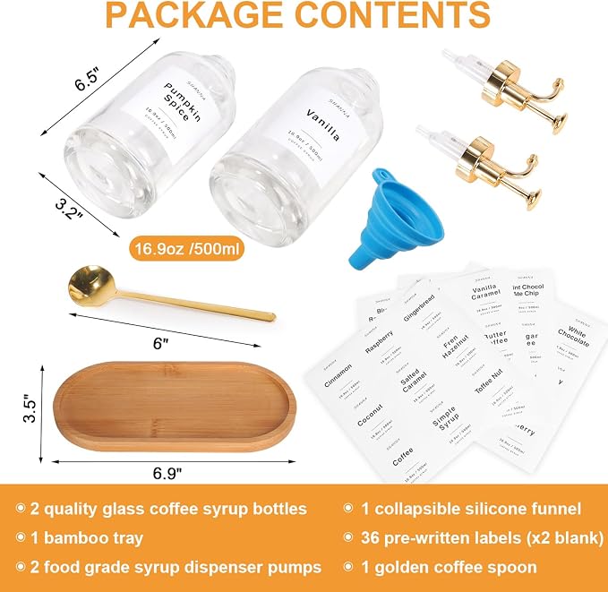 Coffee Syrup Dispenser for Coffee Bar, 16.9oz 500ml Glass Syrup Dispenser w Golden Coffee Scoop, Coffee Syrup Pump Dispenser w 36 Labels and Bamboo Tray, Coffee Syrup Bottles with Golden Pump, 2PCS - Image 2
