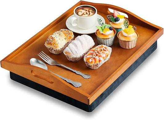Tioncy 1 Piece Bamboo Lap Tray with Detachable Pillow 16.9'' x 13'' Lap TV Trays Desk with Handles for Adults Eating in Recliner Breakfast Housewarming Gift (Vintage Brown)