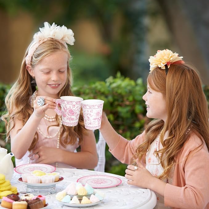 Whaline 80 Pcs Pink White Floral Paper Tea Cups and Saucers Porcelain Chinoiserie Flower 9oz Disposable 40 Teacups with Handle and 40 Dessert Plates for Wedding Baby Shower Birthday Spring Tea Party