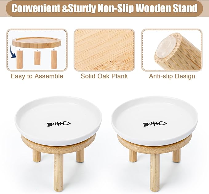 Shallow Elevated Cat Bowls with Bamboo Stand, 5.9 Inch Wide Ceramic Cat Dish Whisker Friendly, 2 Pack Pet Food and Water Plates