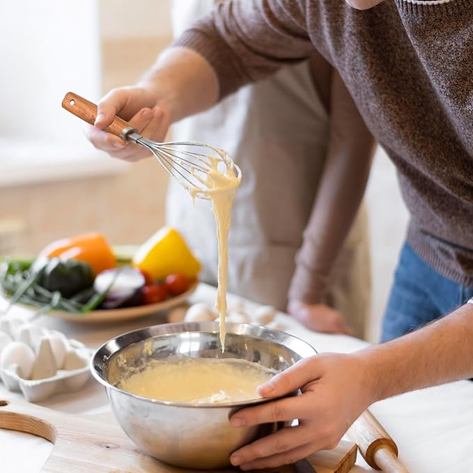 2 PCS Whisk Wooden Handle Stainless Steel, Wisking Tool Stainless, Kitchen Hand Whisk, Non Stick Balloon Whisk for Stirring, Whisking, Beating, Blending, Egg, Batter (8.07"L X 1.57"W)