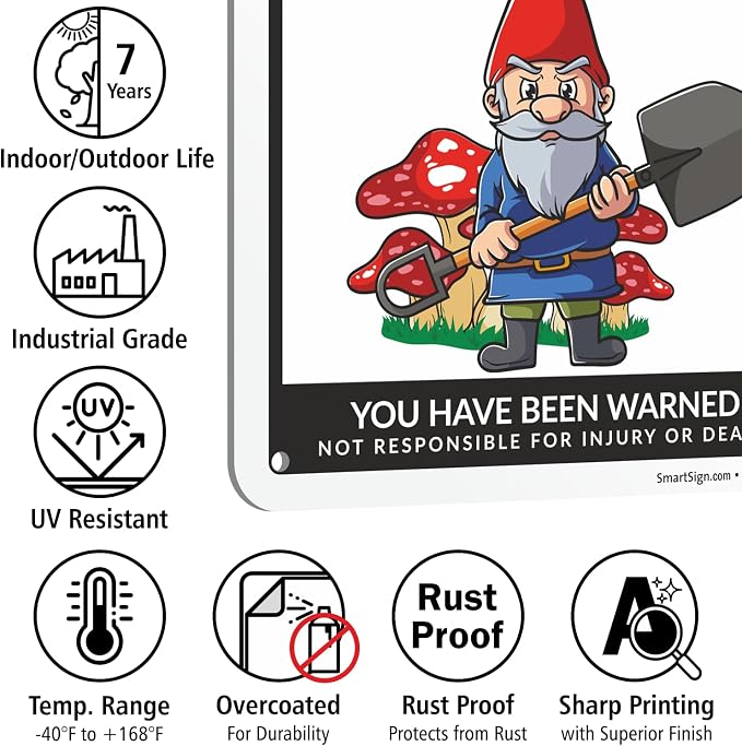 SmartSign Funny Beware Of Gnomes Warning Sign - 10"x7", 40 mil Laminated Rust-free Aluminum - Metal Signs for Wall Decor, Outdoors, Patio, Gifts, Bar, Club, Cafe - Gnomes Theme, Made in USA - Image 7