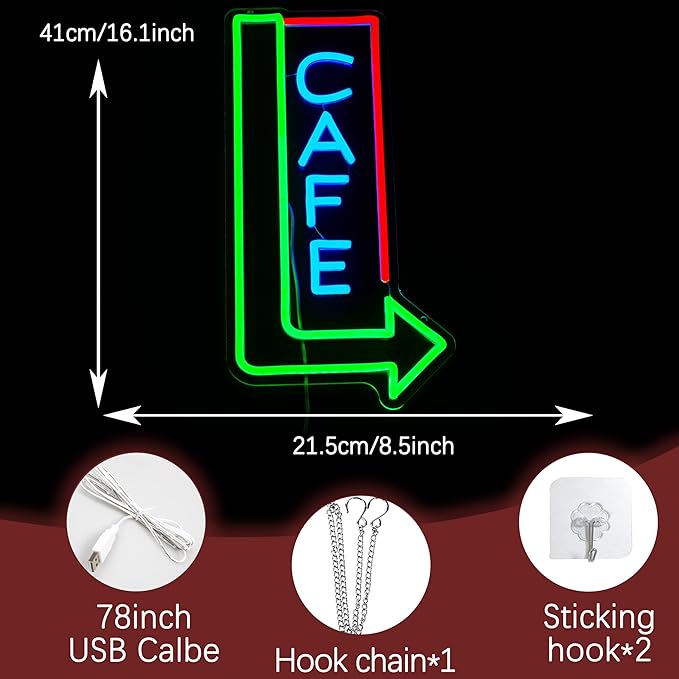 Cafe Neon Sign for Wall Decor 16.14’’*8.46’’ Attracting Coffee Shop Light Up Sign Dimmable Usb Green Right Arrow Led Light Sign for Living Room Restaurant Bistro Man Cave Coffee Bar Party
