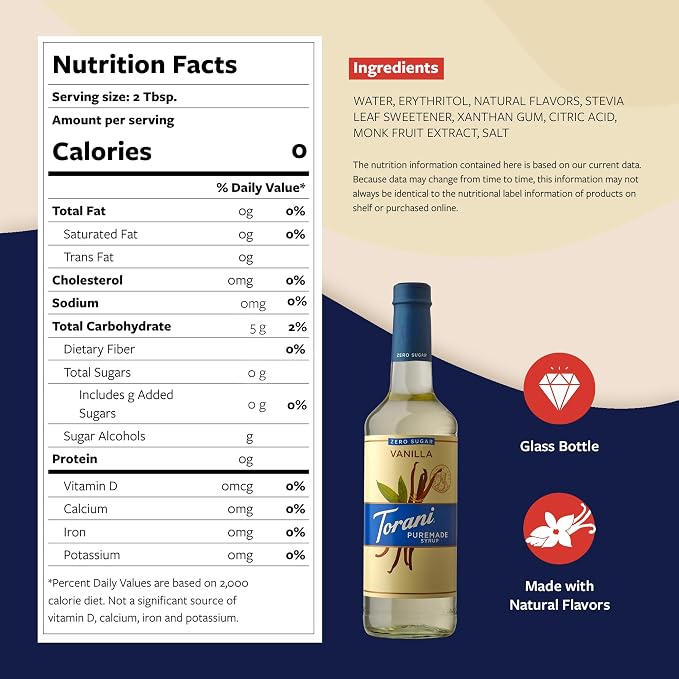 Torani Zero Sugar Puremade Syrup, Vanilla Flavoring for Drinks, Non-GMO, Glass Bottle with Pump Included, 25.4 Fl Oz - Image 2