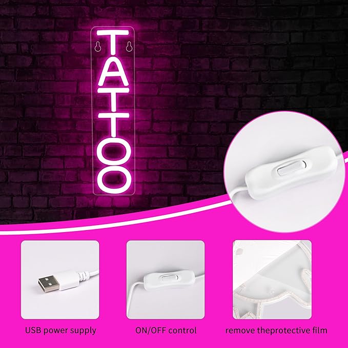 Tattoo Neon Sign for Wall Decor Text Led Neon Light for Business Decor Presents Pink Led Lights for Man Cave Tattoo Lovers Tattoo Studio Business Shop Wall Decor Size 3.0 * 11.8in(XD085)