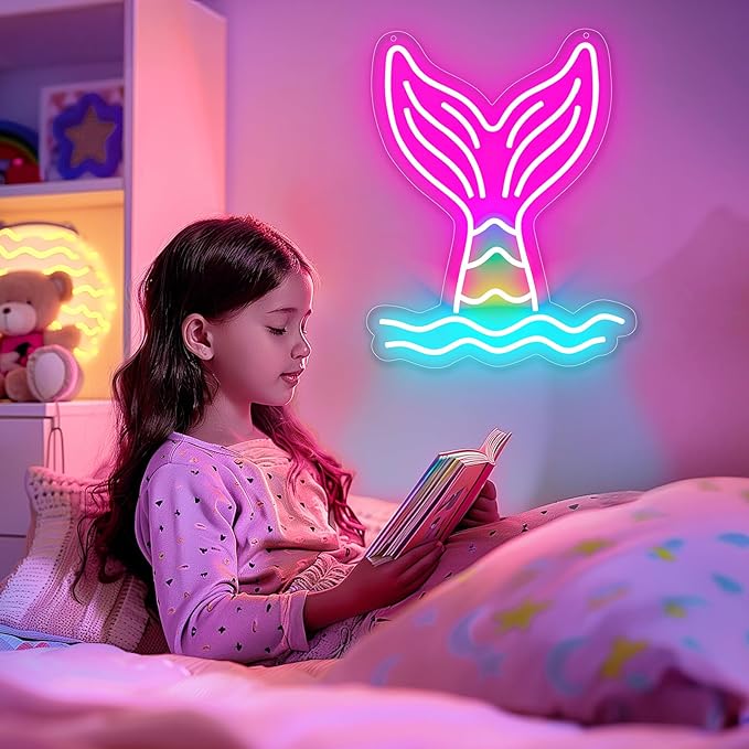 Basaneon Mermaid Tail Neon Sign Dimmable Mermaid Neon Signs for Wall Decor, USB Powered Bright LED Mermaid Lamps for Girls Bedroom, Birthday Christmas Decor, Perfect Gifts for Girls(15.7*12.6inches)