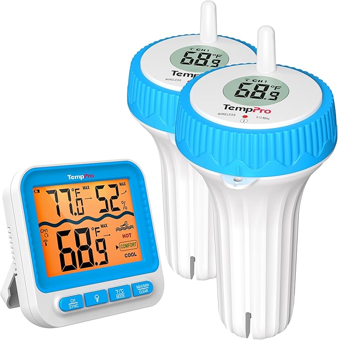 TempPro Waterproof Wireless Pool Thermometer Easy Read, Digital Pool Thermometer Floating for Swimming Pool, Hot Tub, Cold Plunge, Pond with 2 IPX8 Water Temperature Monitor (Previously ThermoPro)